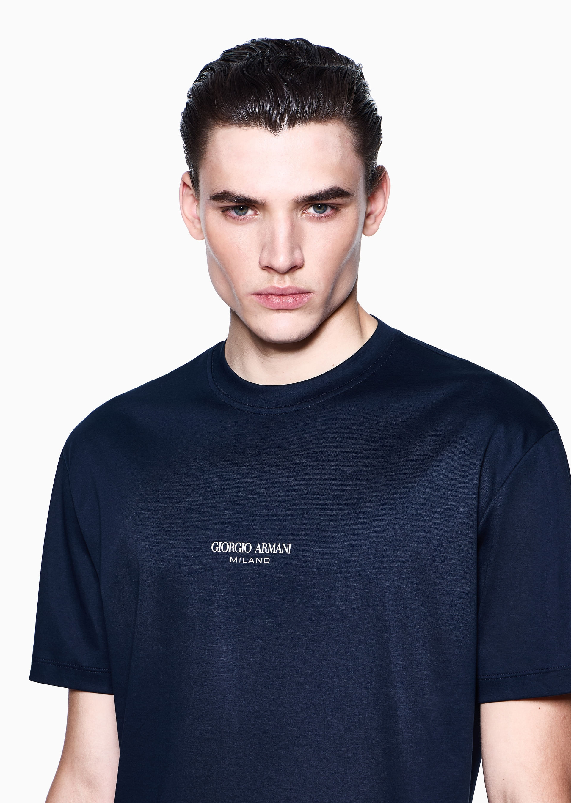 Camiseta Regular Fit em Algodão Azul | Giorgio Armani