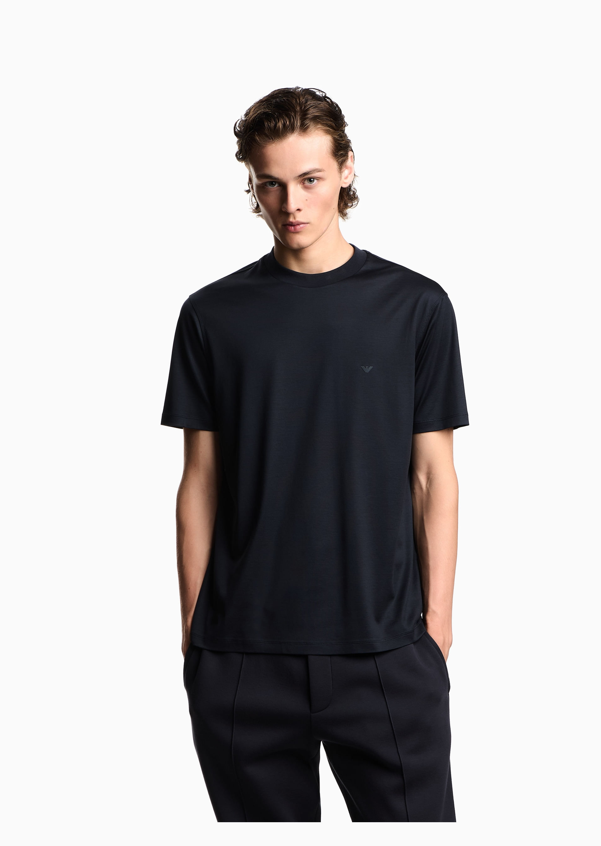 Camiseta Regular Fit de Tencel Azul Marinho | Emporio Armani
